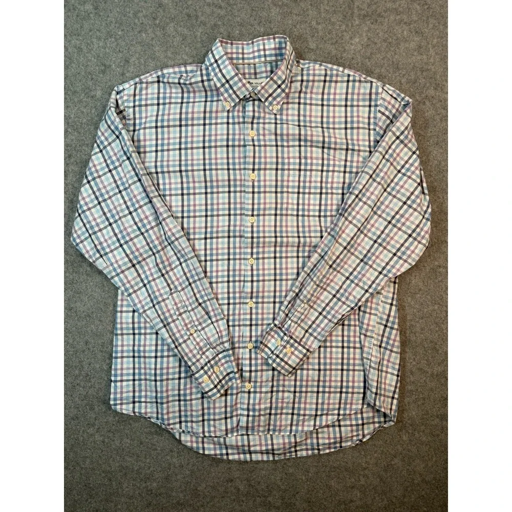 Peter Millar Mens XL Blue Purple Plaid Check Button Down Long Sleeve Shirt